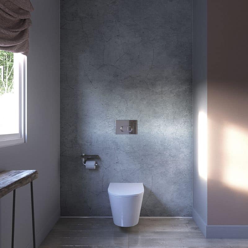 Modern minimalist bathroom interior with wall-mounted toilet, concrete textured walls, wooden floor, sunlight from window, and rustic bench
