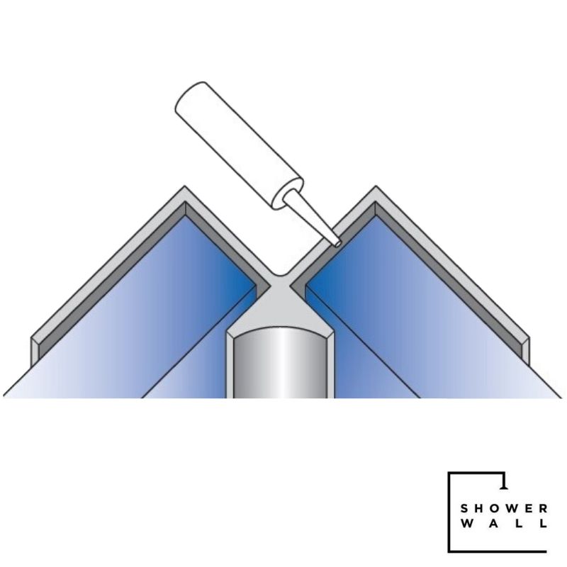 Illustration of shower wall installation showing sealant application on corner joint with labeled "SHOWER WALL" text.