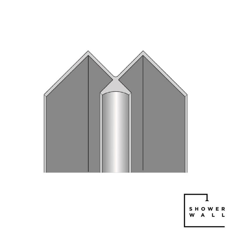 Diagram illustrating corner shower wall installation with labeled shower wall and central panel for bathroom design concept.