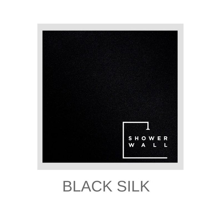 Black Silk shower wall panel sample with white text and logo on dark background.