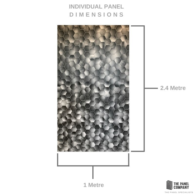 3D wall panel design featuring hexagonal patterns with dimensions 1 metre by 2.4 metres by The Panel Company.