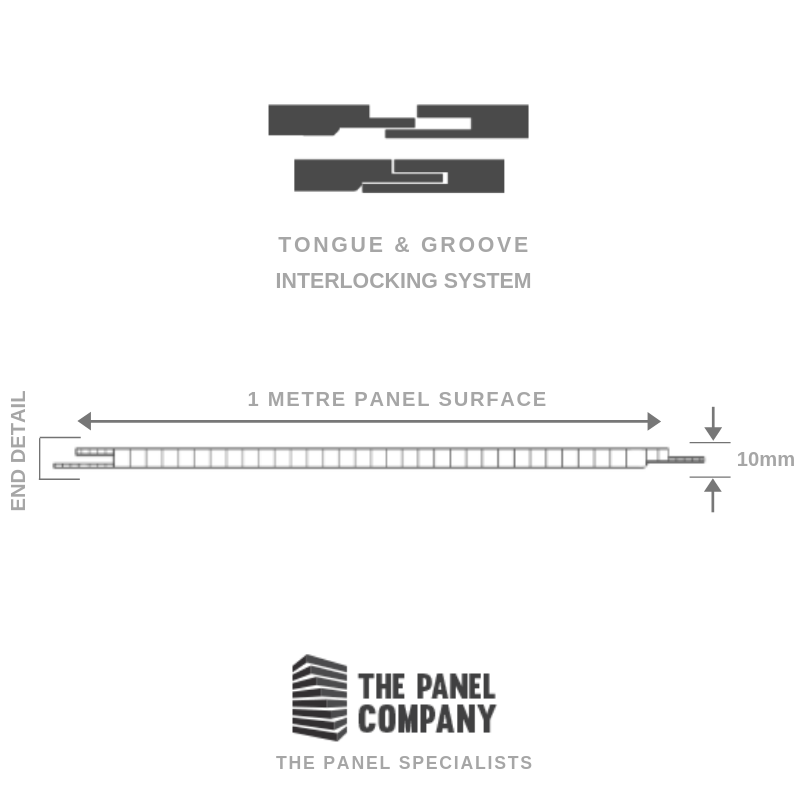 Tongue and groove interlocking system diagram, 1 metre panel surface indicator, 10mm measurement detail, and The Panel Company logo.