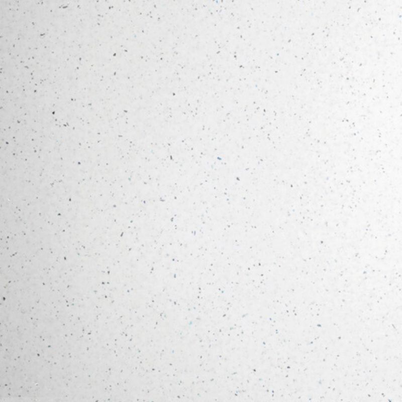 Close-up texture of light grey speckled surface with subtle blue and black specks, resembling quartz or granite countertop material